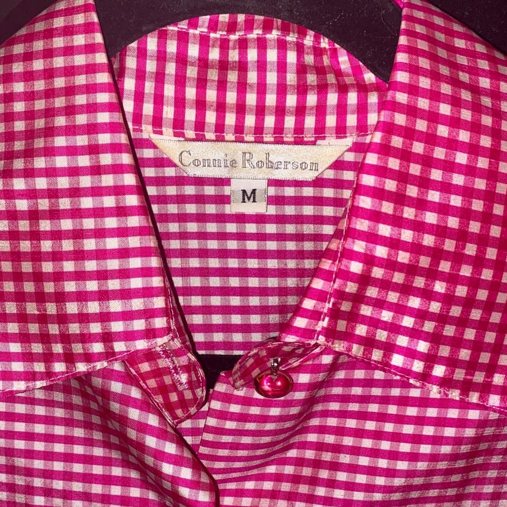 Pink Gingham Shirt 100% Silk with Jelly Bean Laser Etched Flower buttons - Picture 1 of 6